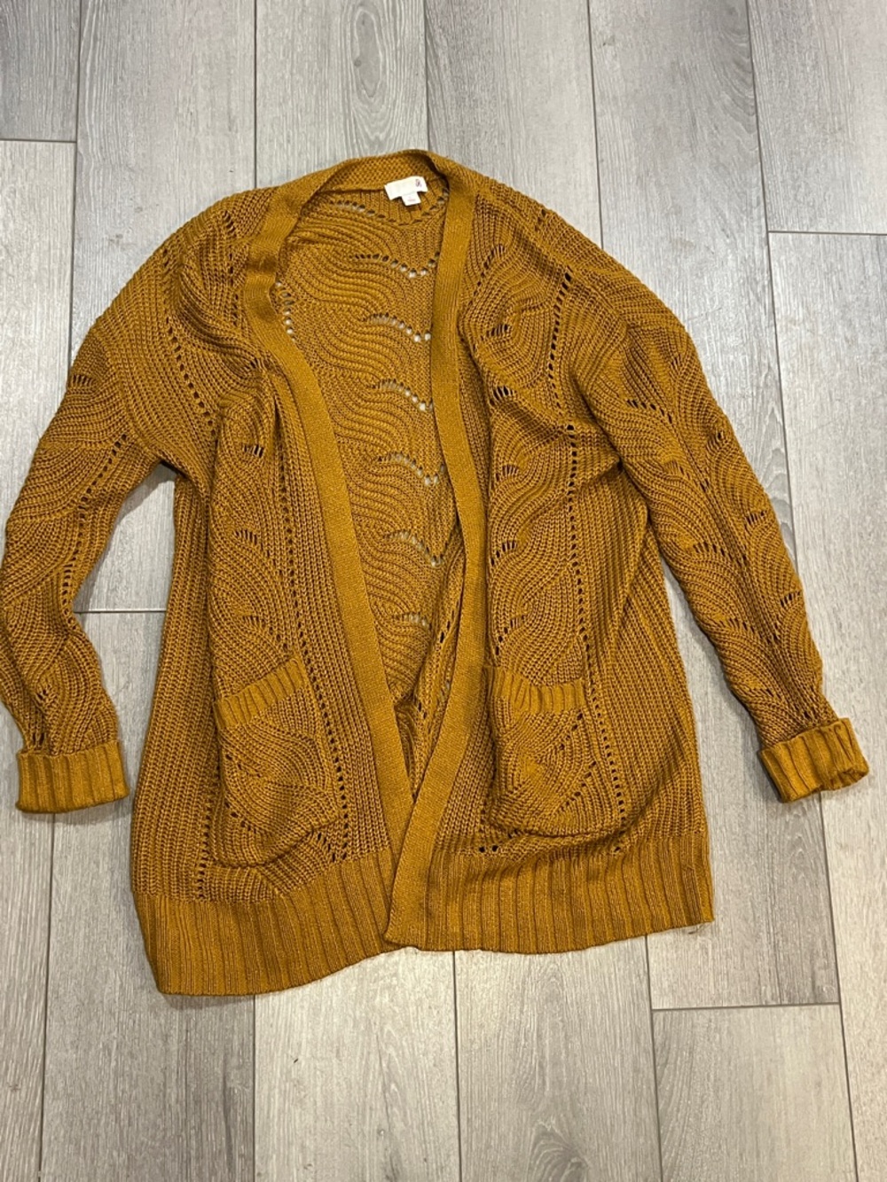 SO Open-Front Mustard Cable Knit Cardigan